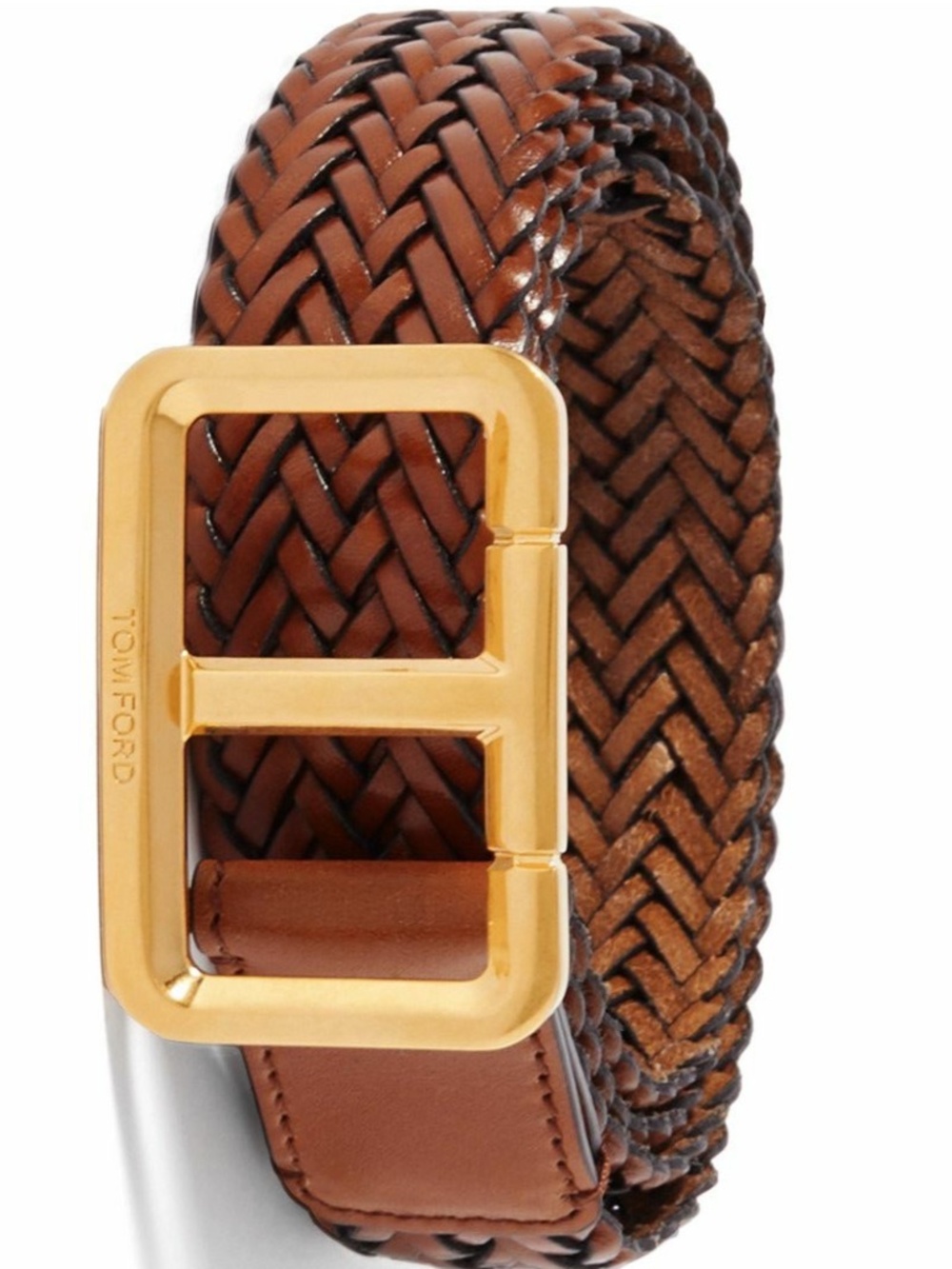 Tom Ford Scored T Logo Brown Woven Leather Gold Brass Rectangular Buckle Belt